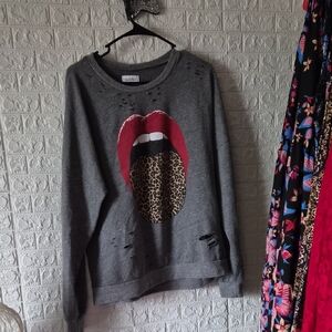 Lauren Moshi Distressed Gray Sweatshirt with Red Lips medium